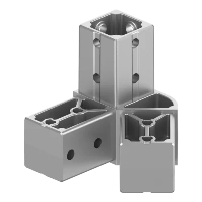 40x40 mm profillerle uyumlu, 45° geniş açılı ve sağ yönlü, kaynak gerektirmeyen üç yollu alüminyum köşe konnektörü.