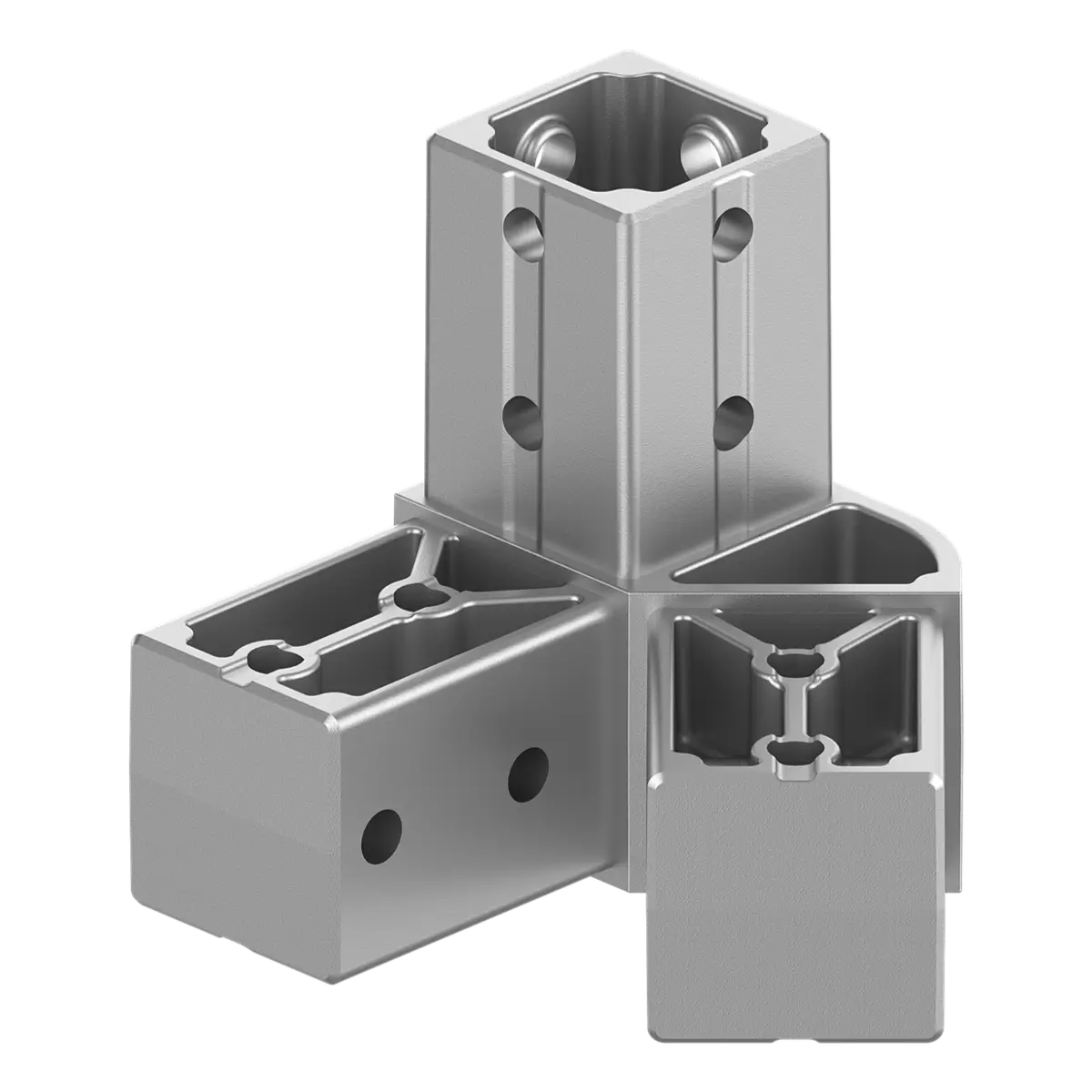 40×40 mm profillerle uyumlu, 45° geniş açılı ve sağ yönlü, kaynak gerektirmeyen üç yollu alüminyum köşe konnektörü.