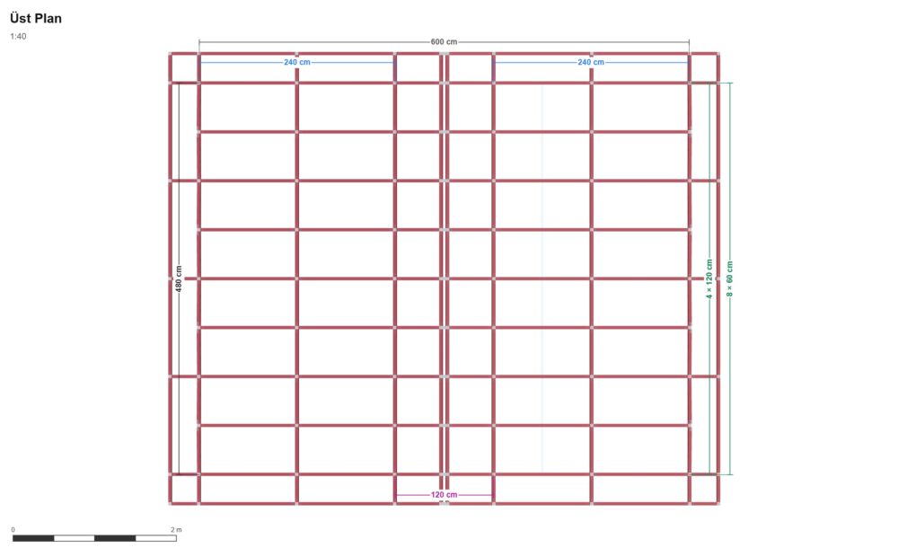 480 x 480 x 180- 8 Modül Çift Sıra Köpek Barınağı — Üst Görünüş (Plan), ölçülü teknik çizim