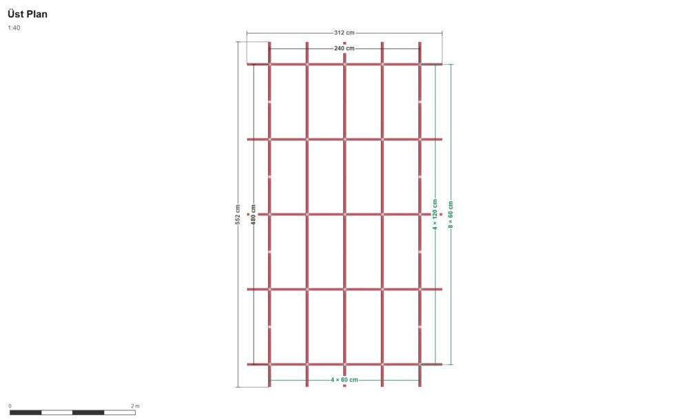 480x240 Dörtlü Modül Köpek Barınağı — Üst Görünüş (Plan), ölçülü teknik çizim