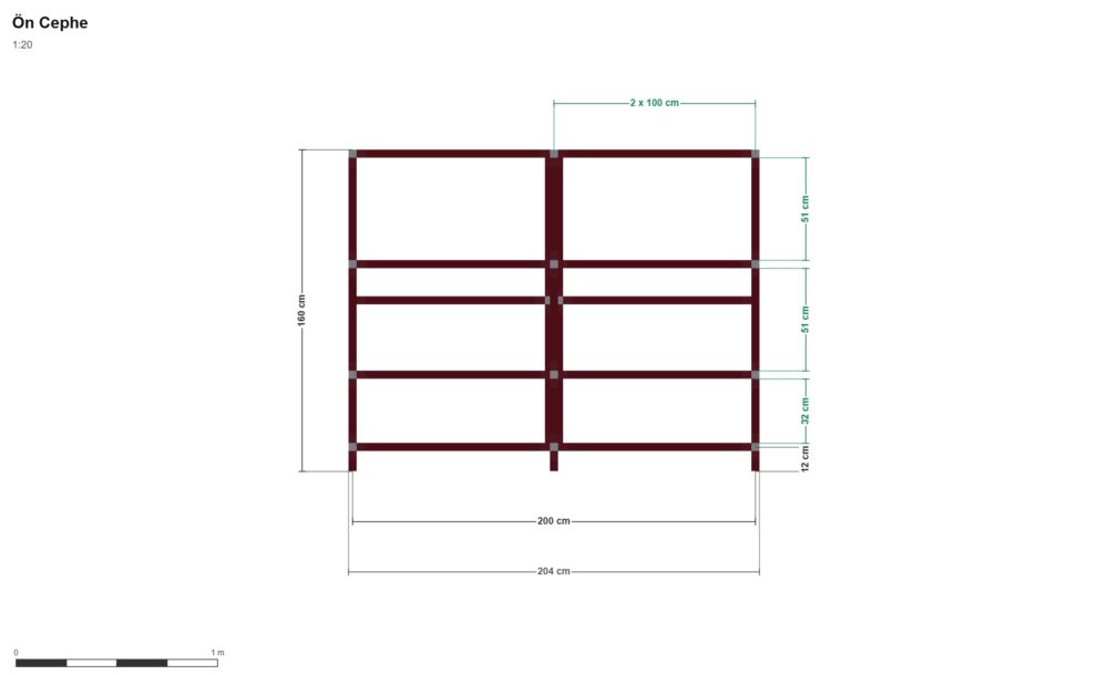 200x60x160 İki Bölmeli Raf — Ön Görünüş, ölçülü teknik çizim