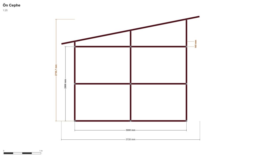 3x4 Sol Kapı — Ön Görünüş, ölçülü teknik çizim