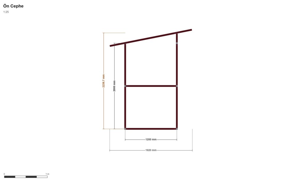 120x120 Kabin — Ön Görünüş, ölçülü teknik çizim