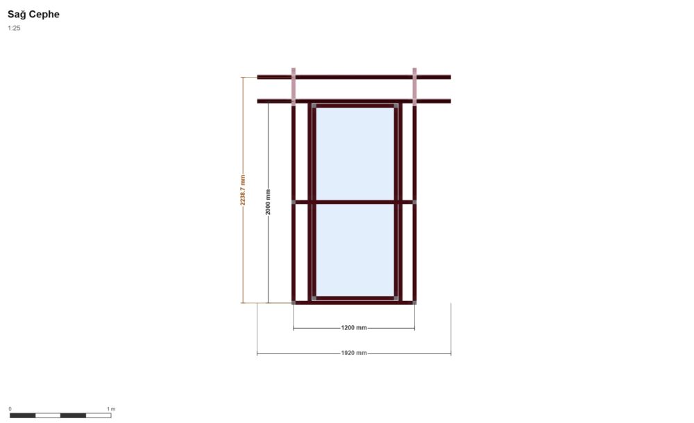 120x120 Kabin — Sağ Yan Görünüş, ölçülü teknik çizim
