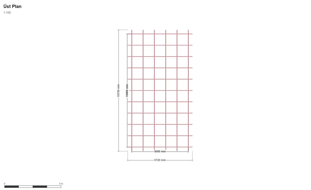 5x10x3 Hayvan Barınağı 1 m Aralıklı — Üst Görünüş (Plan), ölçülü teknik çizim