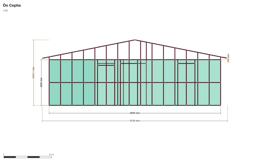 9x10 Beşik Çatılı 3+1 — Ön Görünüş, ölçülü teknik çizim