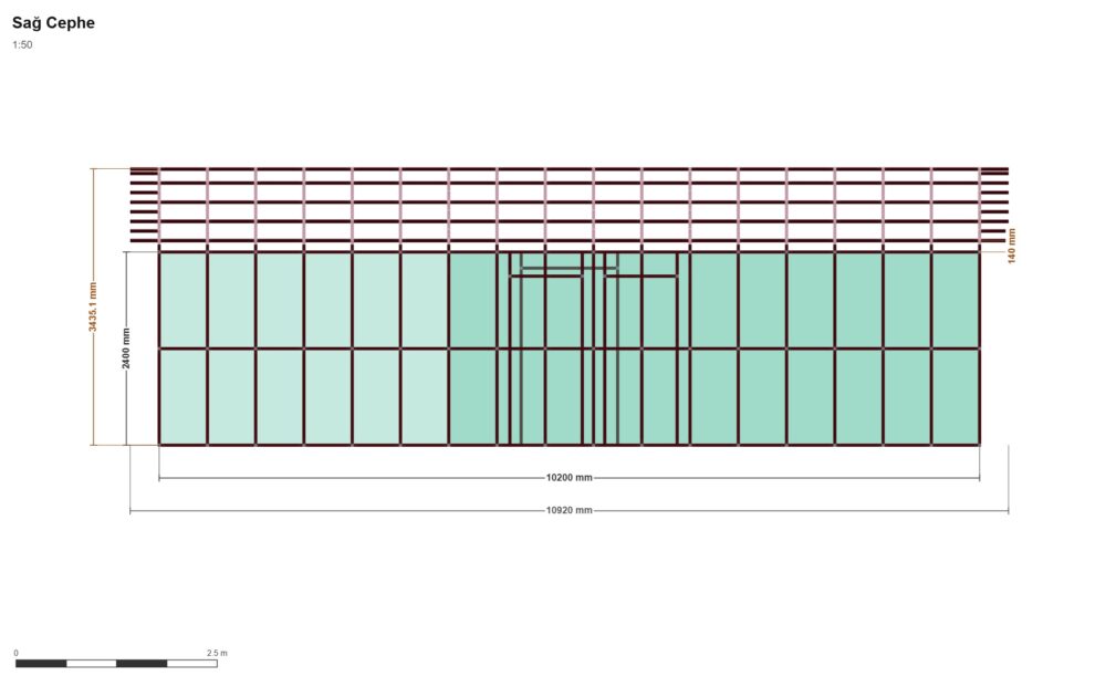 9x10 Beşik Çatılı 3+1 — Sağ Yan Görünüş, ölçülü teknik çizim