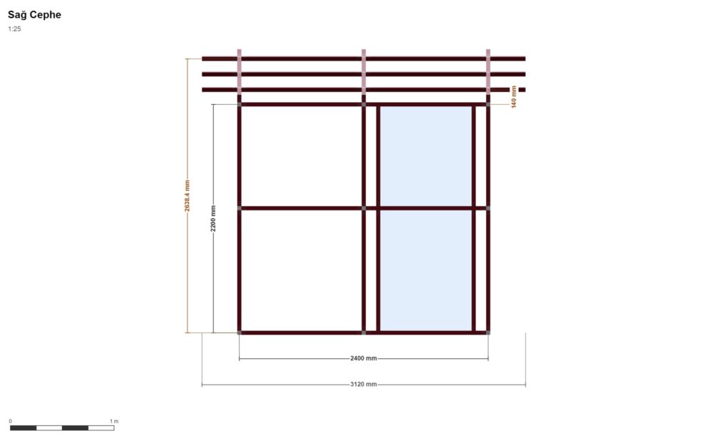 150x240x220 — Sağ Yan Görünüş, ölçülü teknik çizim