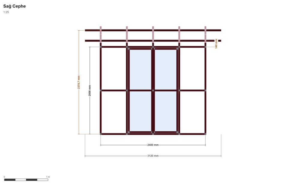 120x240 Depo — Sağ Yan Görünüş, ölçülü teknik çizim