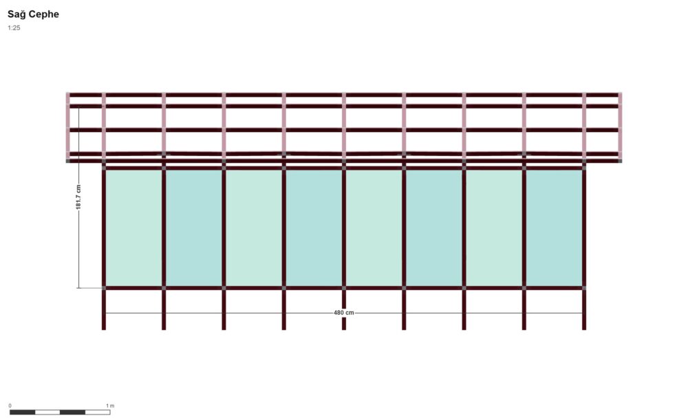 480 x 480 x 180- 8 Modül Çift Sıra Köpek Barınağı — Sağ Yan Görünüş, ölçülü teknik çizim
