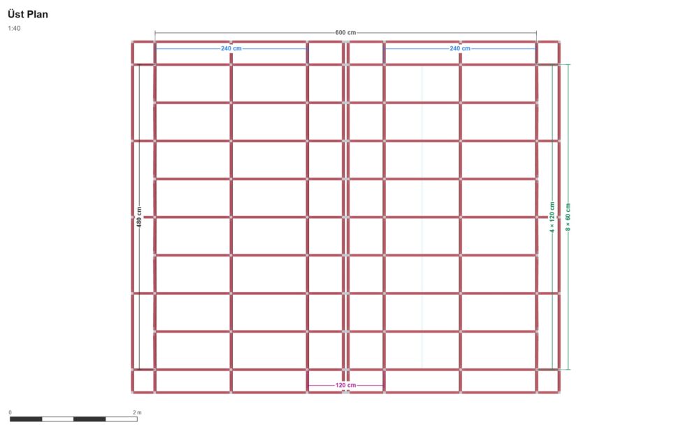 480 x 480 x 180- 8 Modül Çift Sıra Köpek Barınağı — Üst Görünüş (Plan), ölçülü teknik çizim