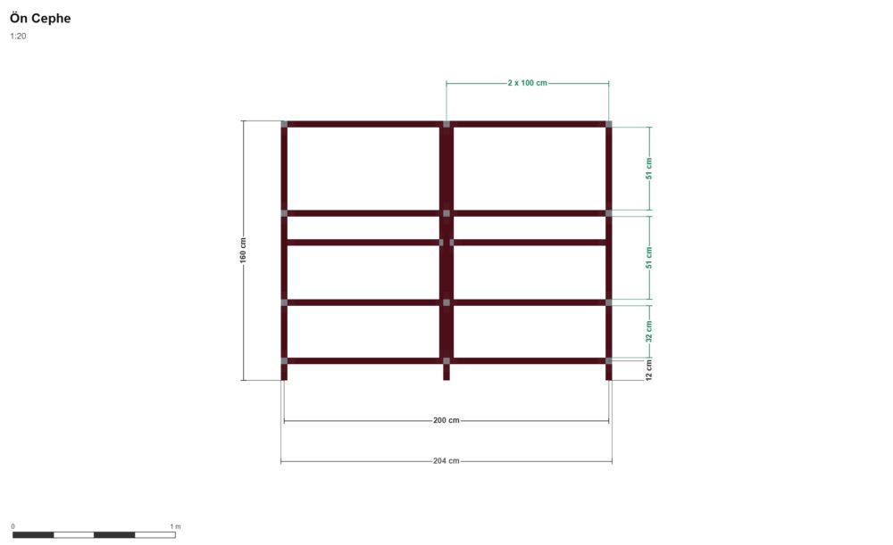 200x60x160 İki Bölmeli Raf — Ön Görünüş, ölçülü teknik çizim