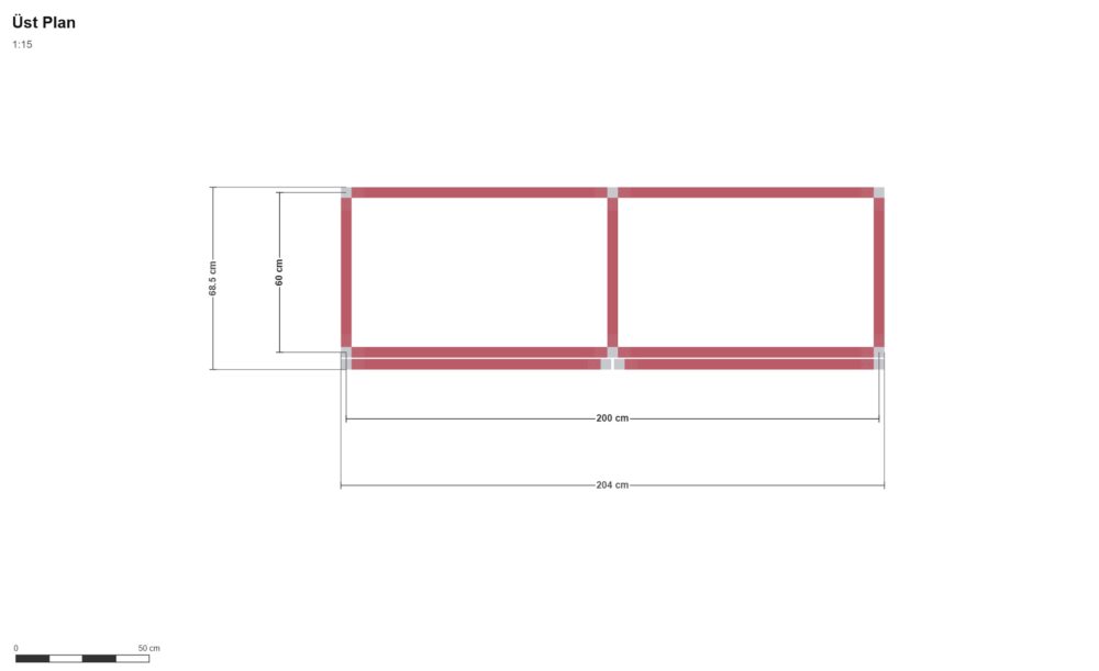 200x60x160 İki Bölmeli Raf — Üst Görünüş (Plan), ölçülü teknik çizim