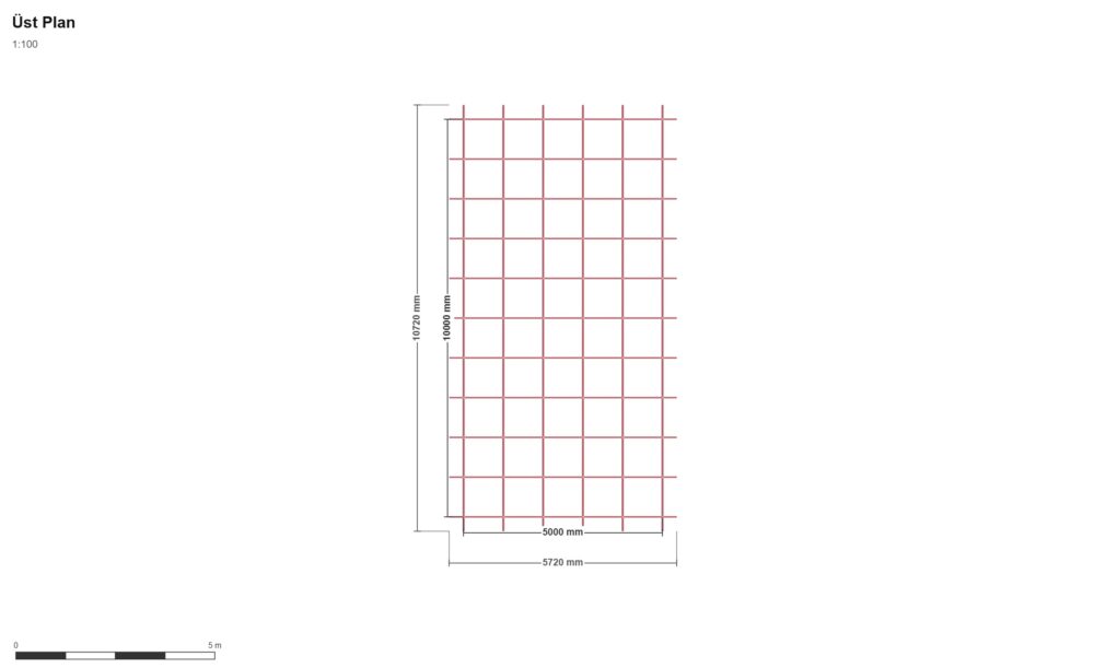 5x10x3 Hayvan Barınağı 1 m Aralıklı — Üst Görünüş (Plan), ölçülü teknik çizim