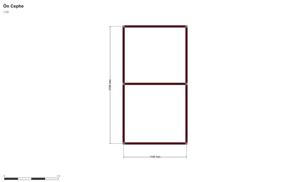 120 x 150 x 220 Kabin — Ön Görünüş, ölçülü teknik çizim