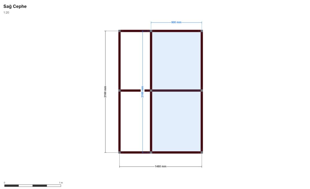 120 x 150 x 220 Kabin — Sağ Yan Görünüş, ölçülü teknik çizim