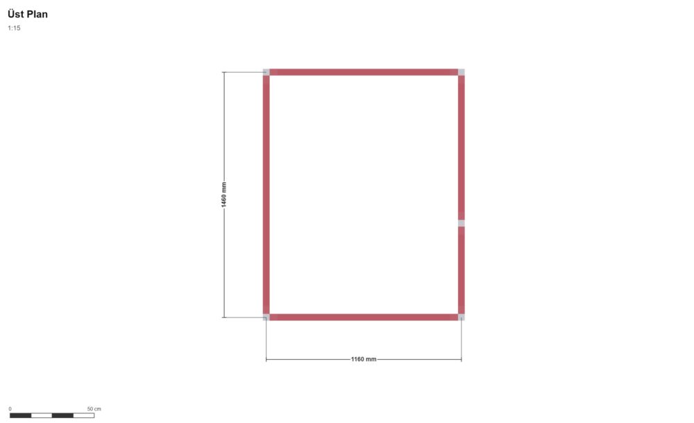 120 x 150 x 220 Kabin — Üst Görünüş (Plan), ölçülü teknik çizim