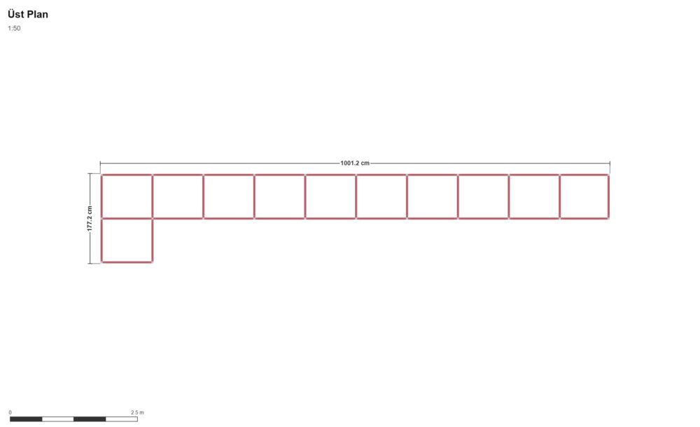 10 m L Raf — Üst Görünüş (Plan), ölçülü teknik çizim