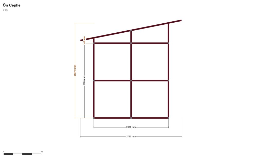 200x250 Kümes — Ön Görünüş, ölçülü teknik çizim