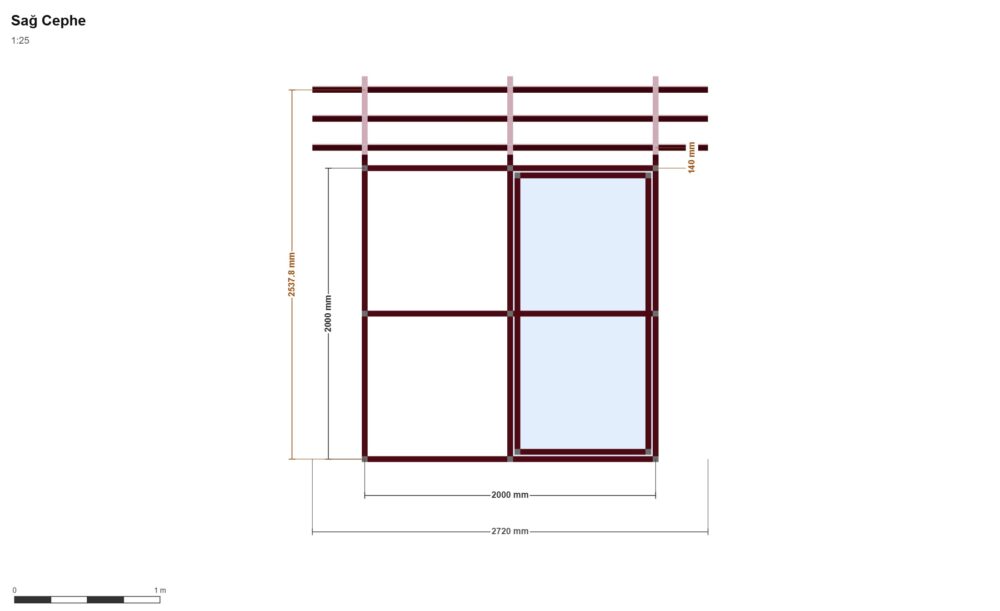 200x200 Depo — Sağ Yan Görünüş, ölçülü teknik çizim