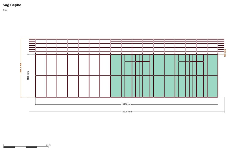 720x1020 Ev — Sağ Yan Görünüş, ölçülü teknik çizim