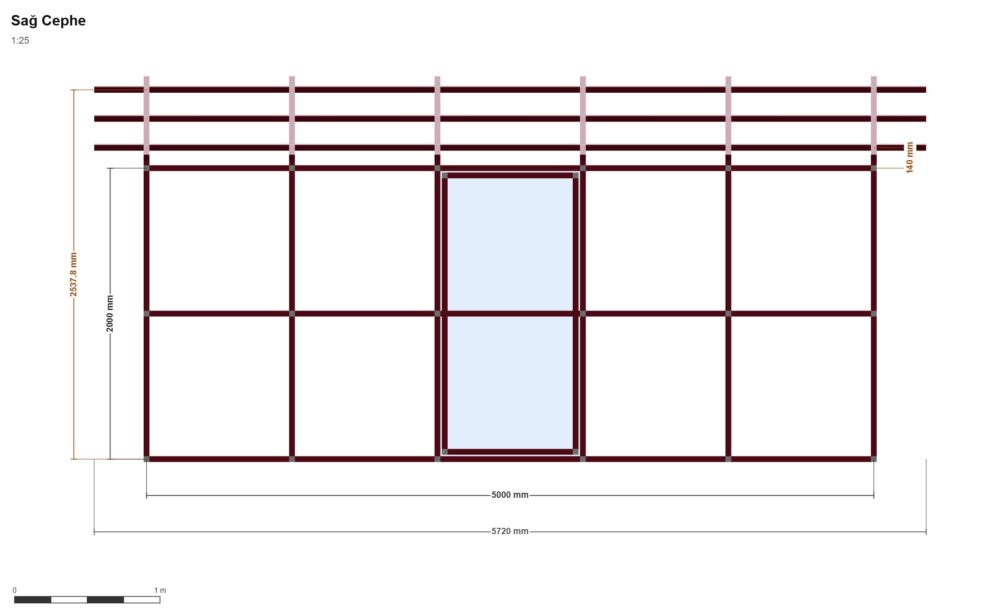 200 x 500 Depo — Sağ Yan Görünüş, ölçülü teknik çizim