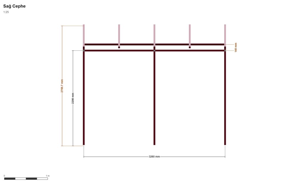 330 x 220 Balkon kapama — Sağ Yan Görünüş, ölçülü teknik çizim