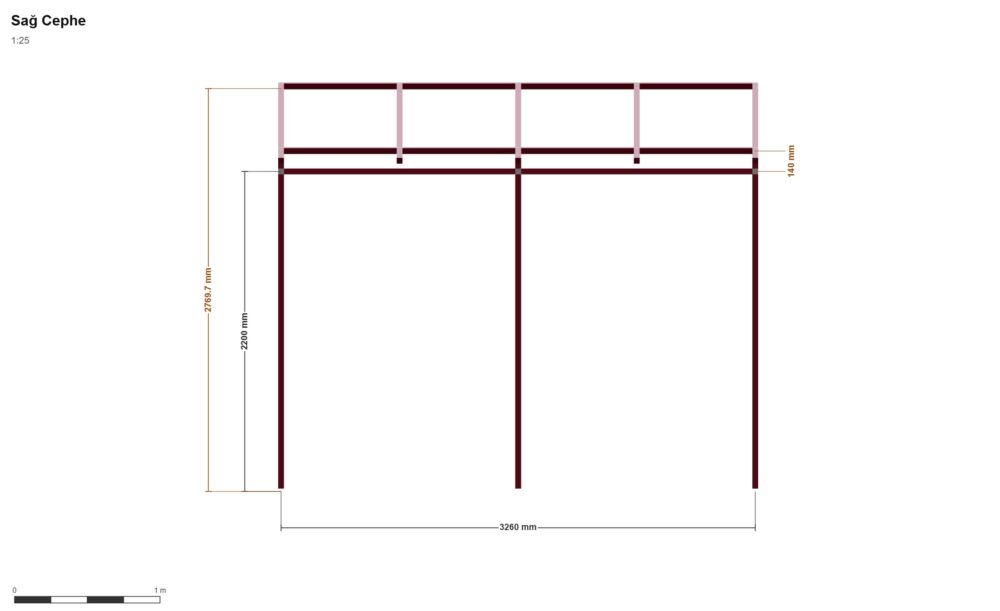 330 x 220 Balkon Kapama V2 — Sağ Yan Görünüş, ölçülü teknik çizim