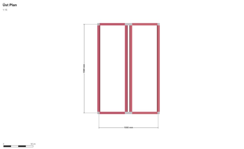 100 x 150 Kapılı Köpek Kulübesi — Üst Görünüş (Plan), ölçülü teknik çizim