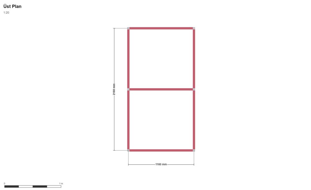 220 x 120 x 220 Kabin — Üst Görünüş (Plan), ölçülü teknik çizim