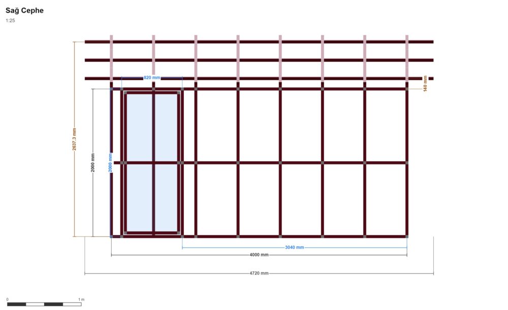 250 x 400 Depo — Sağ Yan Görünüş, ölçülü teknik çizim
