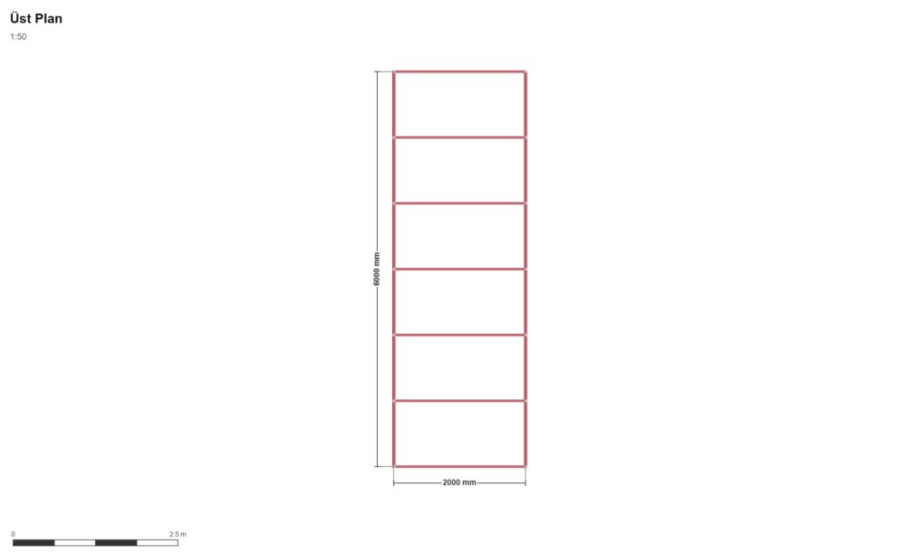 200 x 600 Sundurma — Üst Görünüş (Plan), ölçülü teknik çizim
