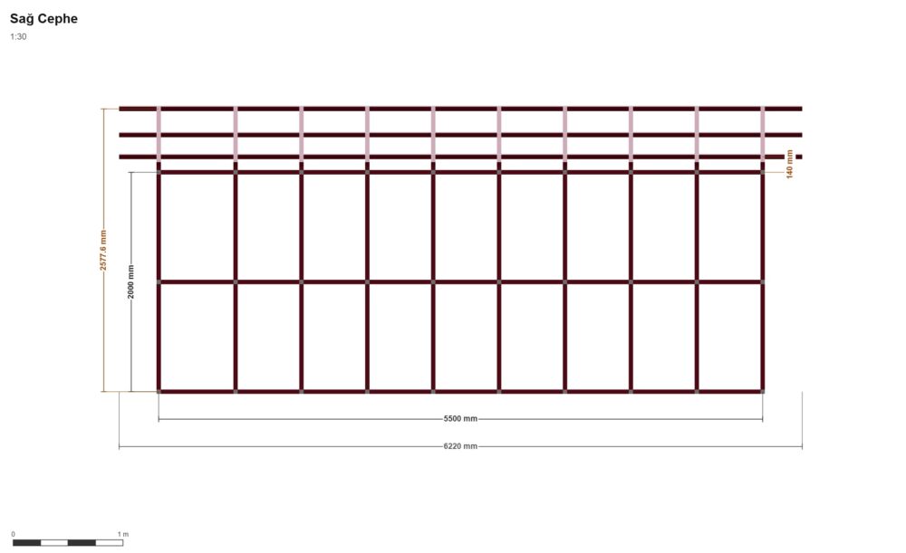 220 x 550 Sundurma — Sağ Yan Görünüş, ölçülü teknik çizim