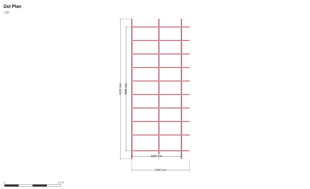 220 x 550 Sundurma — Üst Görünüş (Plan), ölçülü teknik çizim