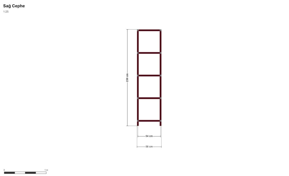 200 x 50 x 50 4 Kat Raf — Sağ Yan Görünüş, ölçülü teknik çizim