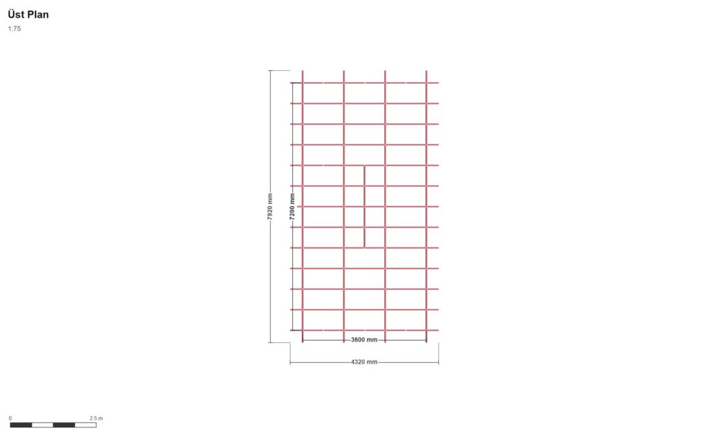 360 x 720 1+1 Tek Eğimli Yapı — Üst Görünüş (Plan), ölçülü teknik çizim