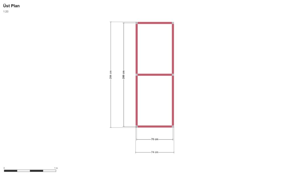 74 x 204 x 74 Çalışma Tezgahı — Üst Görünüş (Plan), ölçülü teknik çizim