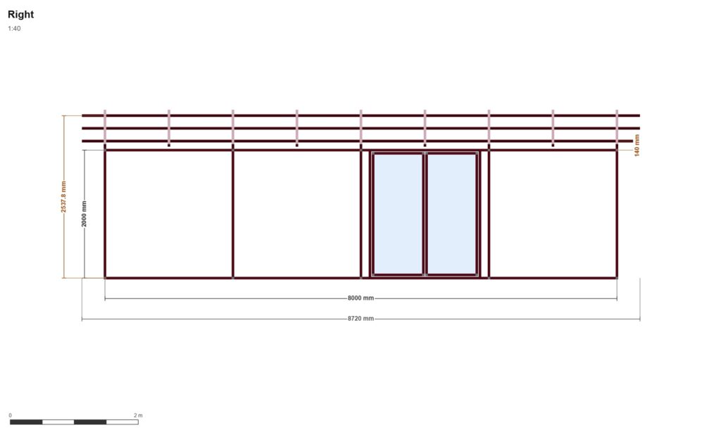 Long Cabin V2 — Sağ Yan Görünüş, ölçülü teknik çizim