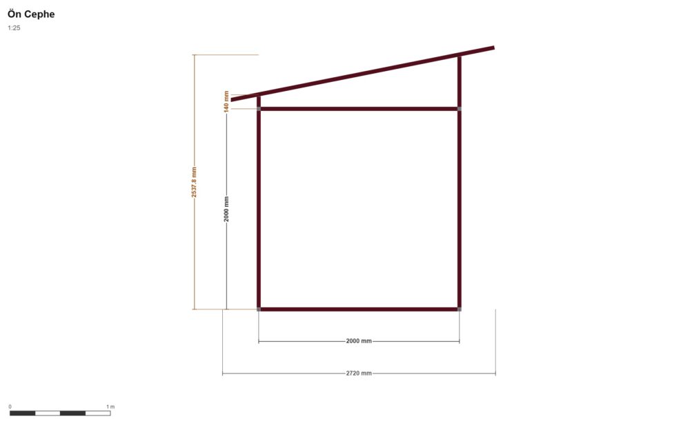 Long Cabin V3 — Ön Görünüş, ölçülü teknik çizim