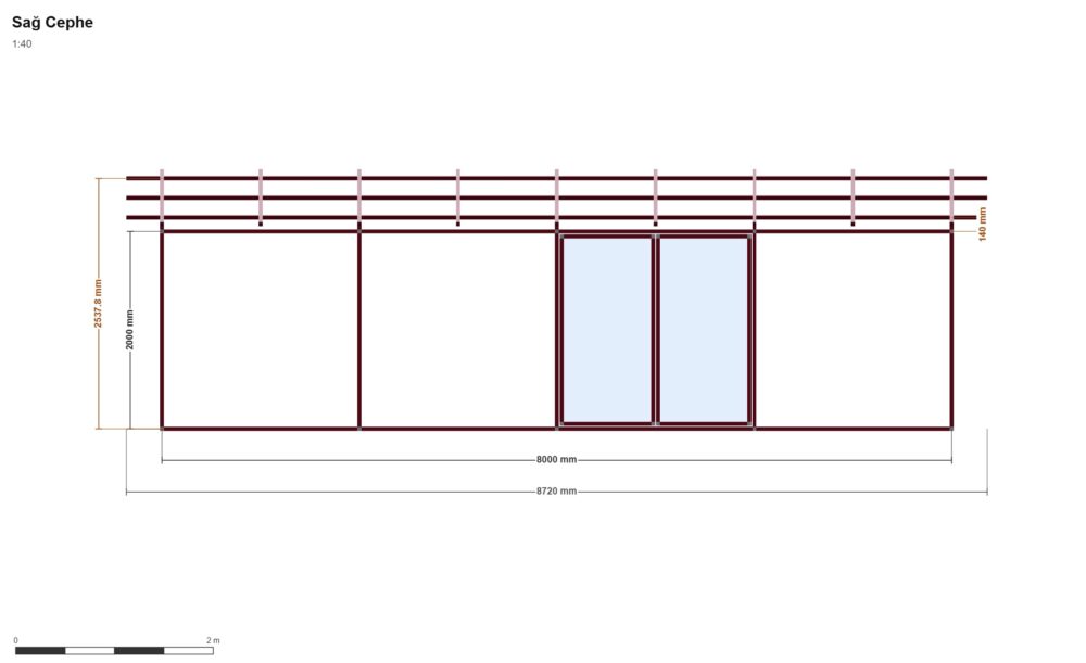 Long Cabin V3 — Sağ Yan Görünüş, ölçülü teknik çizim