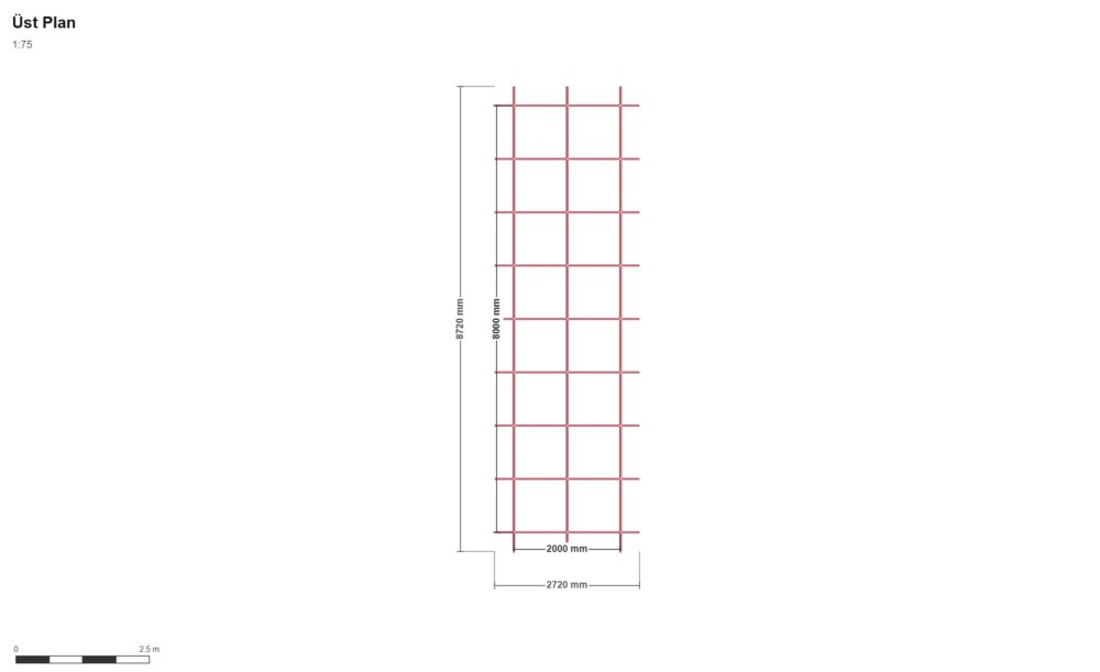 Long Cabin V3 — Üst Görünüş (Plan), ölçülü teknik çizim