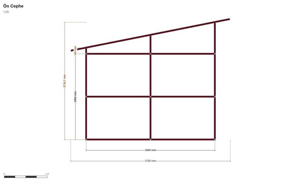 3 x 4 Çardak — Ön Görünüş, ölçülü teknik çizim