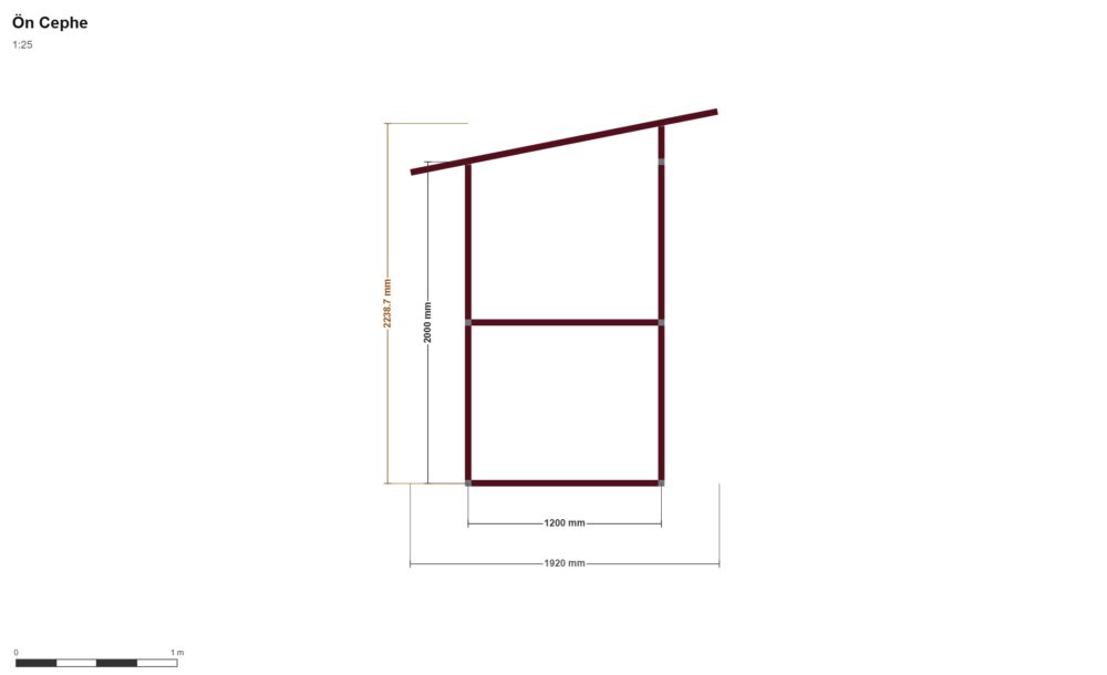120x120 Kabin — Ön Görünüş, ölçülü teknik çizim