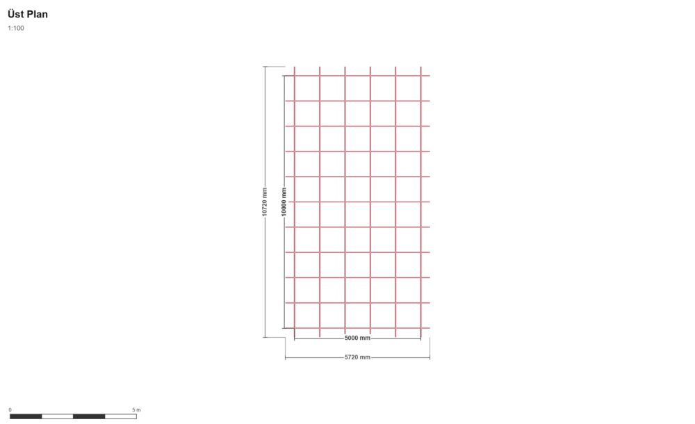 5x10x3 Hayvan Barınağı 1 m Aralıklı — Üst Görünüş (Plan), ölçülü teknik çizim