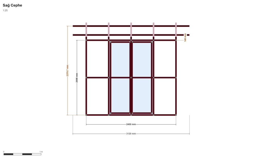 120x240 Depo — Sağ Yan Görünüş, ölçülü teknik çizim